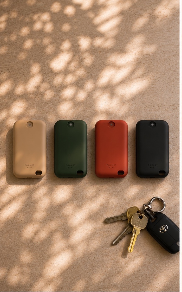 Flat lay of Pocket Mist devices next to a set of keys