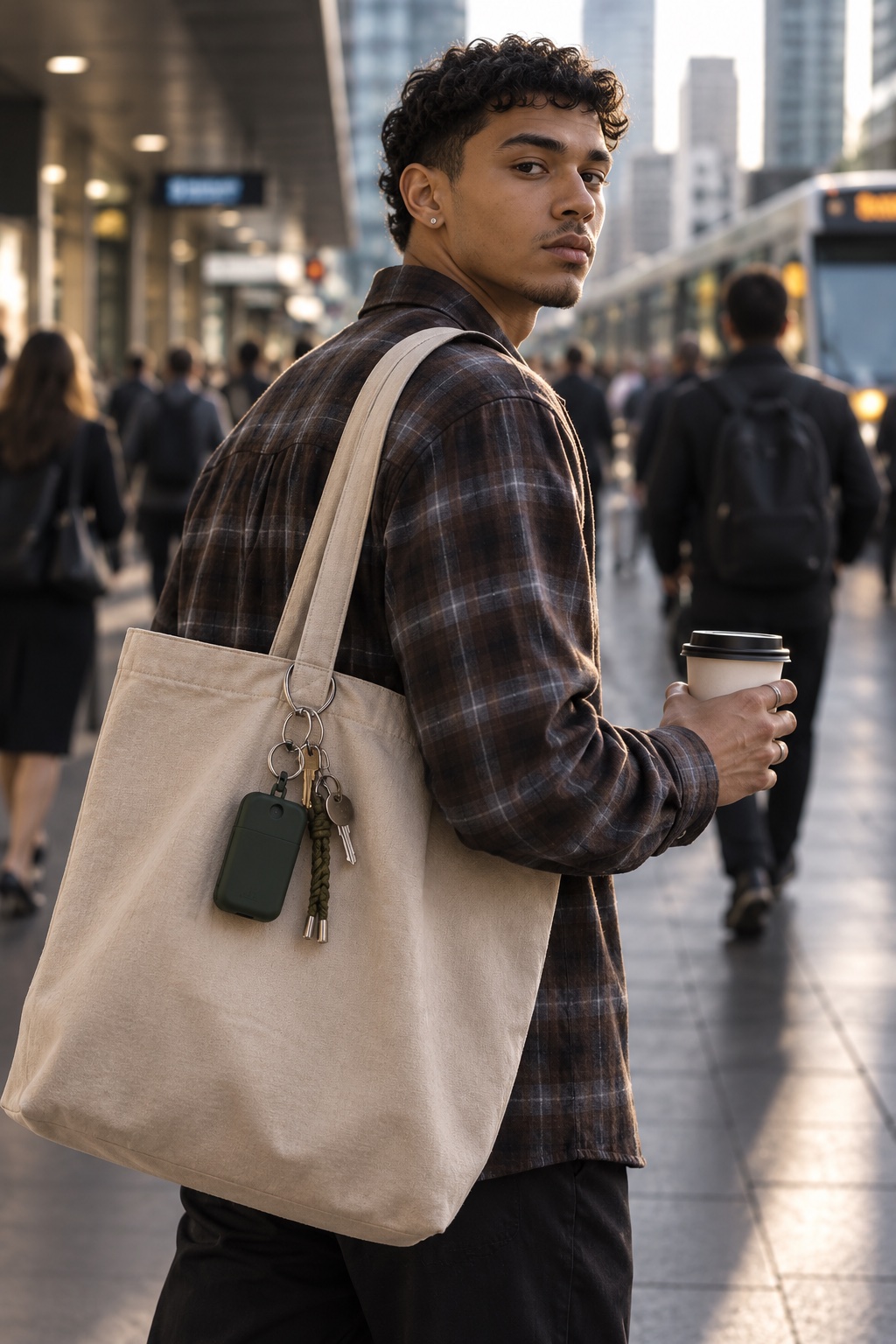 Commuter carrying a tote bag with a Forest Green Pocket Mist clipped to the strap