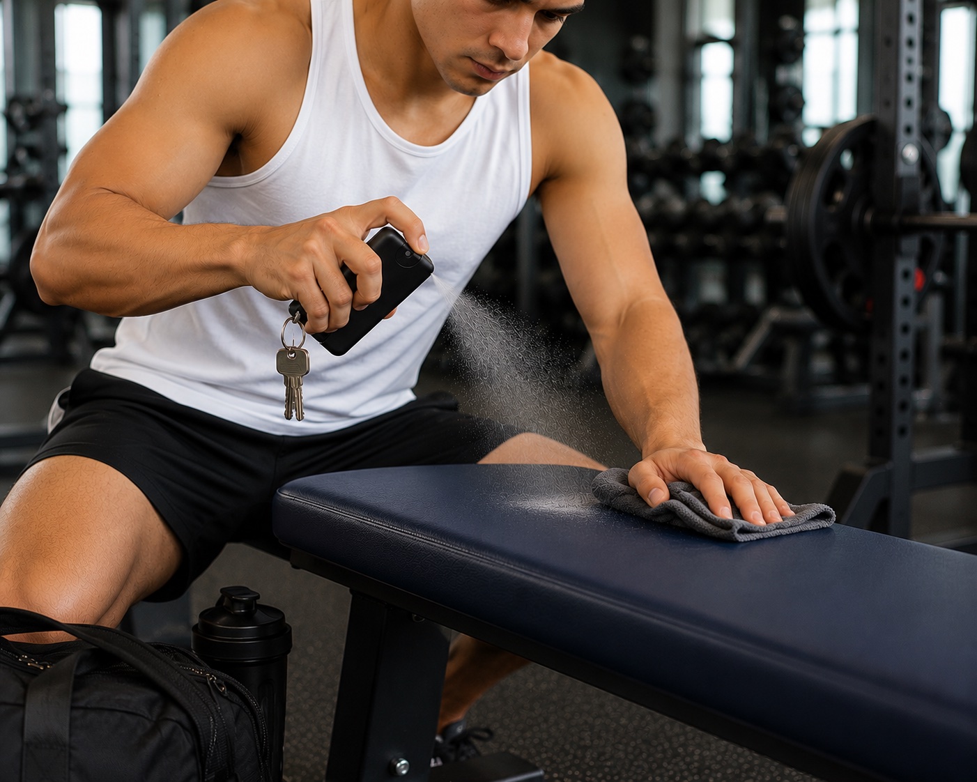 Gym-goer misting a bench with a Charcoal Pocket Mist