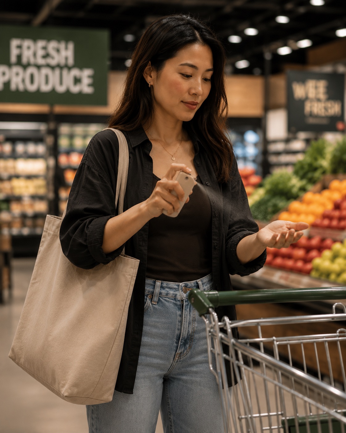Shopper using a Sandstone Pocket Mist in the fresh produce aisle